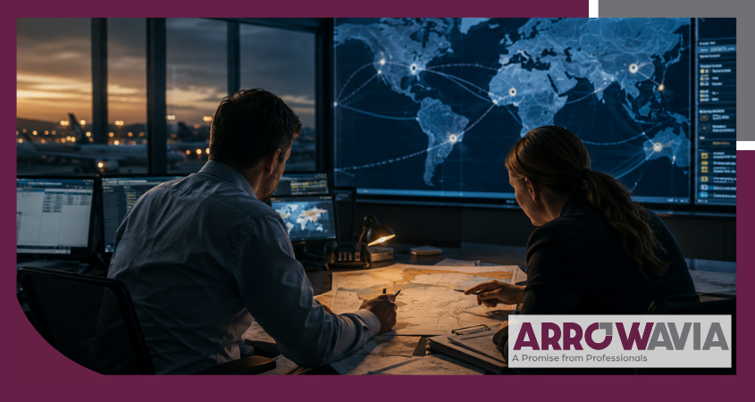 Flight operations team planning aircraft operations to remote locations with permits, routing, and ground support coordination.
