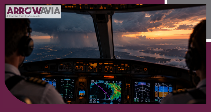 Flight disruption management dashboard showing rerouted flight plan and weather overlay