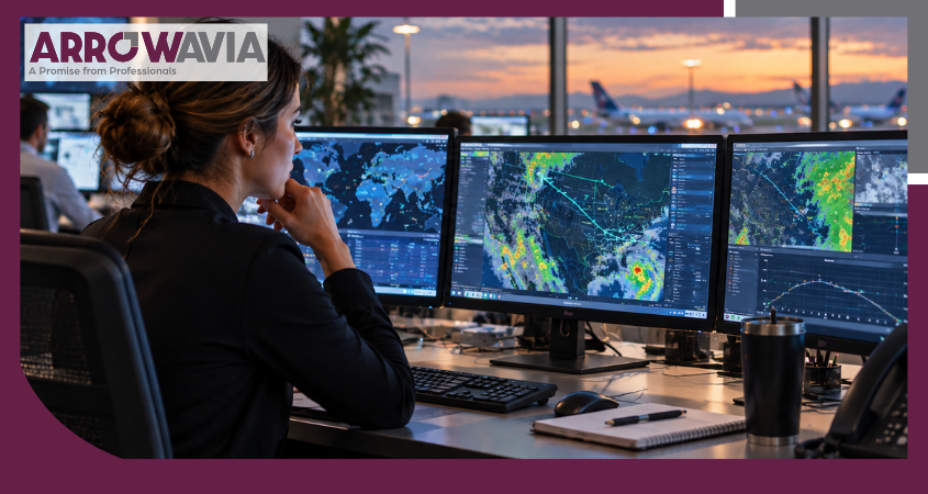 Flight disruption management dashboard showing rerouted flight plan and weather overlay
